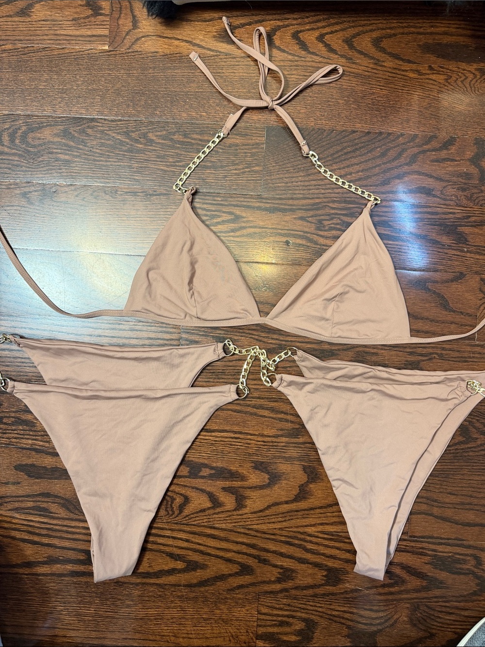 Triangle Chain-Accent Bikini Set in Nude two bottoms Size M